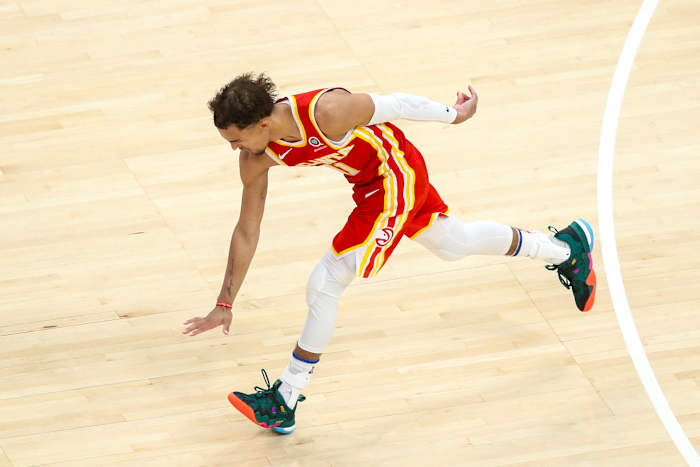 Atlanta Hawks guard Trae Young celebrates a basket against the New York Knicks